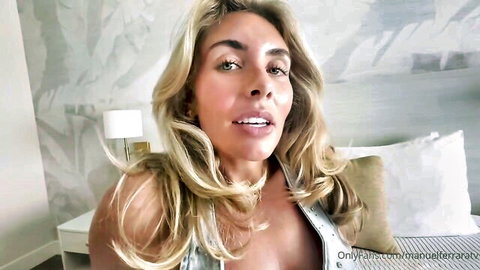 Blonde vixen in revealing top teases on camera, OnlyFans adult clip
