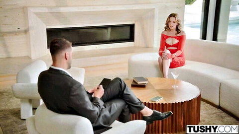 Charlie Forde blonde MILF in revealing red dress with suited man