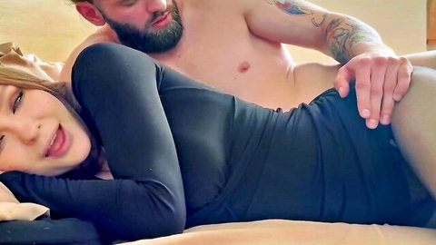 Busty Asian MILF in black dress enjoys intimate embrace from horny stepson