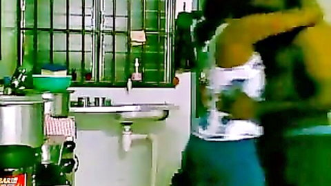 Indian amateur housewife embraced from behind in kitchen cam