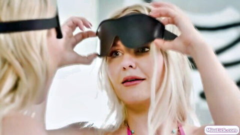 Blonde lesbians teasing with blindfold in intimate neighbor play