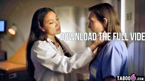 Asian stepmom doctor in lab coat seduces nurse in scrubs during hospital exam