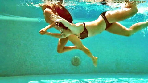 Jessica and Lindsay nude underwater pool swim, playful embrace