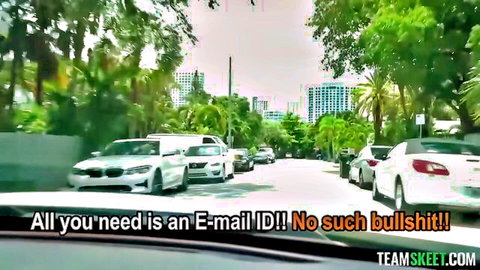 Tropical Miami street lined with palm trees and luxury cars under skyscrapers