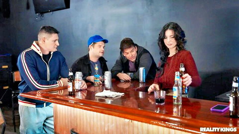 Brunette bar slut in red sweater drinks with three guys at RK Prime