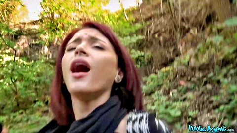 Lola Fae redhead giving wet blowjob outdoors in park