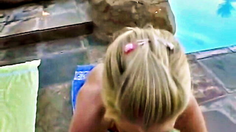 Petite blonde teen topless outdoors by pool, masturbating solo
