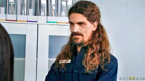 Brazzers store employee with long ponytail mustache stares at customer in pharmacy
