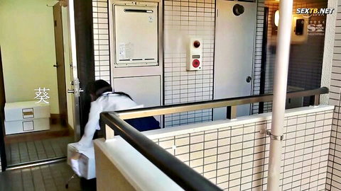 Beautiful Japanese wife Aoi bent over in lab coat for bathroom fuck