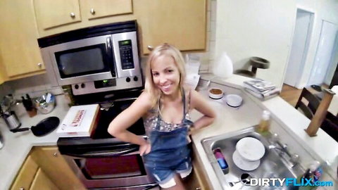 Blonde amateur in short denim dress teasing playfully