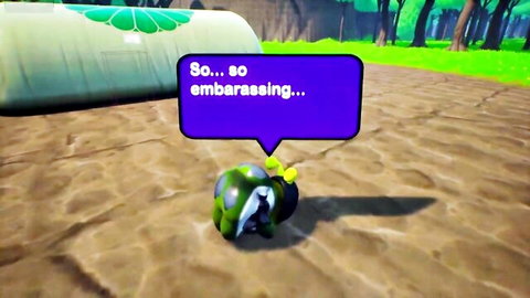Embarrassed green caterpillar doll in forest, speech bubble says so embarrassing