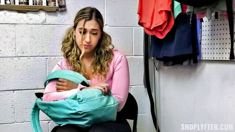 Lexi Grey as remorseful shoplifter caught with green bag, guilty in pink top