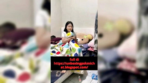Cute young Asian girl in bed with teddy bear, tight pussy rent tease