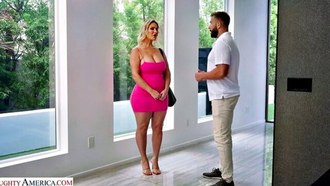 Jenna Starr in tight pink dress chatting with male friend