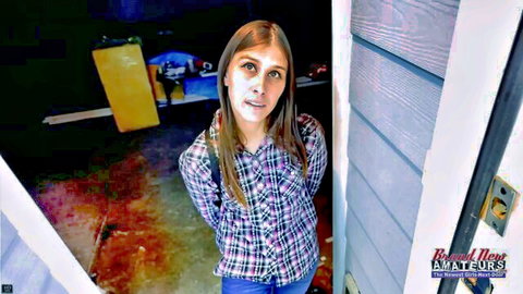 Amateur Leia in plaid shirt and jeans at door, Brand New Amateurs hairy pussy tease