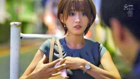 Airi Kijima as married woman in sexy green dress, surprised outdoor tease