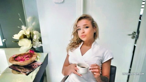 Blonde Alexa Flexy in sexy white dress holding coffee, POV tease