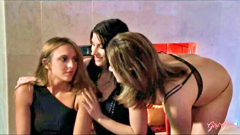 Three hot lesbians in lingerie leaning in for kinky birthday foursome orgy