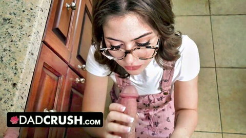 Ellie Nova in pink overalls playfully sucking dildo for stepdad prank