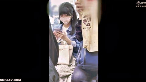 Asian black-haired woman in mask on public transit with man, JAV molestation tease