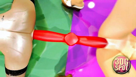 Two curvy lesbians scissoring with double-sided dildo in 3D animation