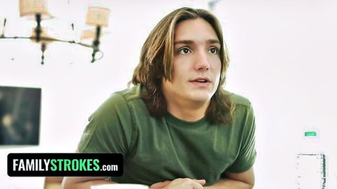 Surprised stepbrother with long wavy hair in green t-shirt, Family Strokes taboo scene