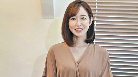 Smiling Japanese wife in V-neck blouse, frustrated expression teaser