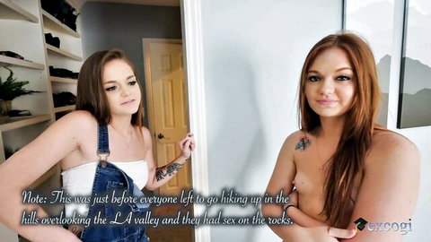 Skinny topless brunette with small tits arms crossed in mirror before LA hills hiking sex