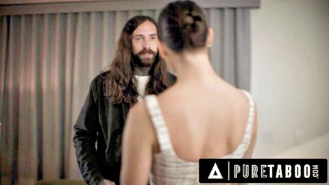 Ashley Lane in backless white dress facing husband in tense Pure Taboo encounter