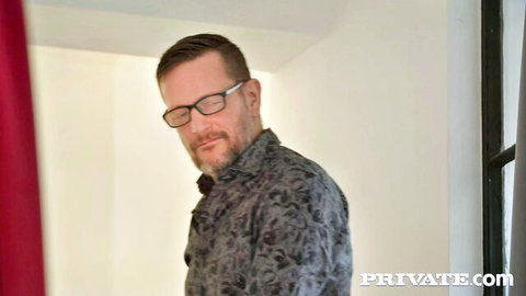 Bearded stud in glasses smirks seductively in bedroom before rough fuck
