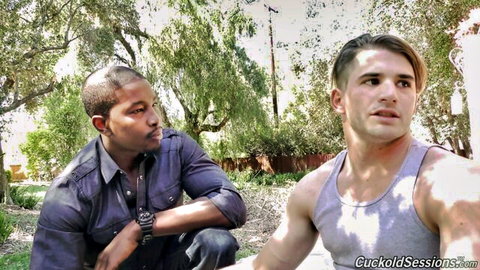 Kate England cuckold session: black bull and muscular white cuck outdoor tease