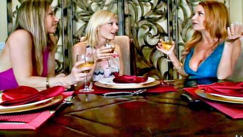 Busty MILFs Devon Lee, Janet Mason, Holly Sampson toasting in sexy dresses