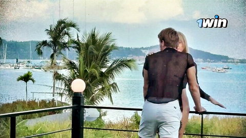 Blonde model Bunny Rabbits hugged from behind on tropical balcony in sheer outfit