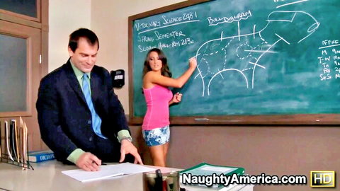 Lizz Tayler as horny teacher in pink top and short skirt seducing student