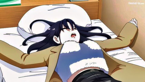 Submissive hentai girl with ahegao face and tongue out sprawled on bed in open coat and fuzzy bralette