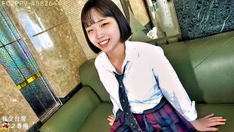 Smiling Japanese woman with H-cup big breasts in school uniform