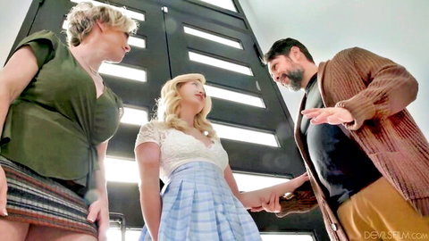 Dee Williams and Lexi Lore in sexy skirts with man in DevilsFilm threesome preview