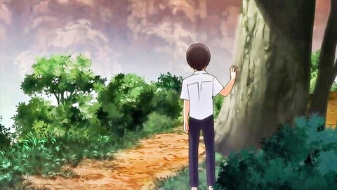 Anime boy in white shirt waving from behind on forest path at sunset