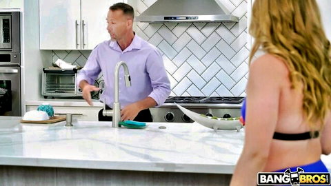 Taylor Blake in blue bikini teasing stepdaddy in kitchen