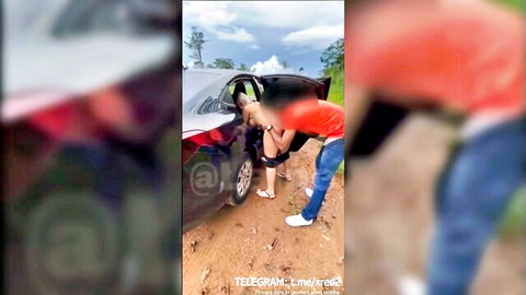 Blonde girlfriend bent over car in outdoor cuckold sharing scene