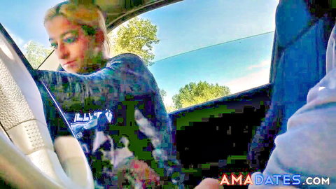 Blonde woman driving in car, amateur casual hookup scene