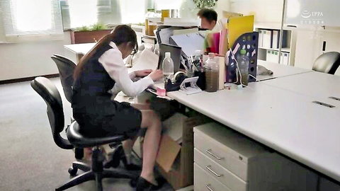 Kuraki Shiori in tight office uniform, sitting at desk in JAV virgin company sex scene