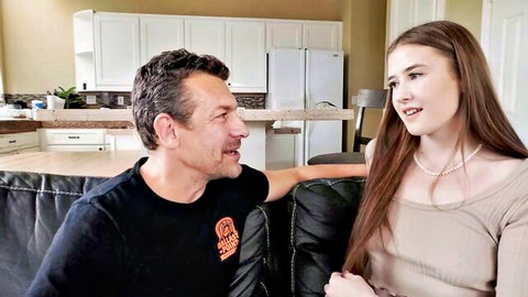 Athena Heart chats intimately with older boss on couch
