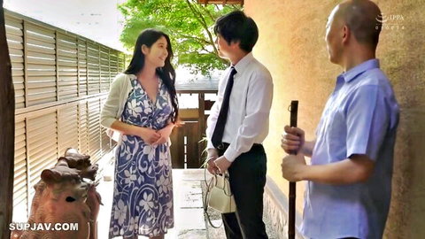 Megu Fujiura in floral dress with husband and father-in-law in JAV creampie scene