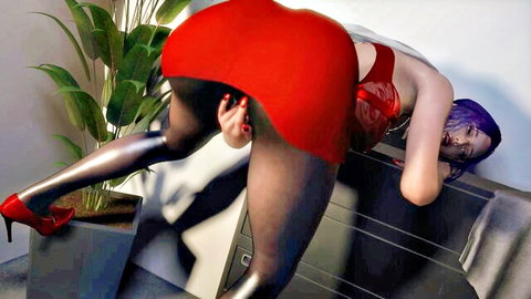 Purple-haired hentai babe bends over desk ass up in shiny red mini skirt and black stockings