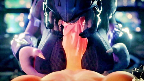 3D purple alien monster with sharp teeth slurps juicy pink pussy of busty nude girl spreading legs