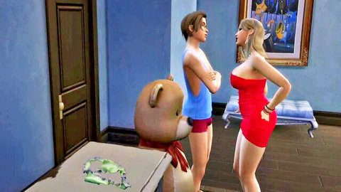 Curvy blonde with huge tits in tight red dress confronts guy in shorts by teddy bear