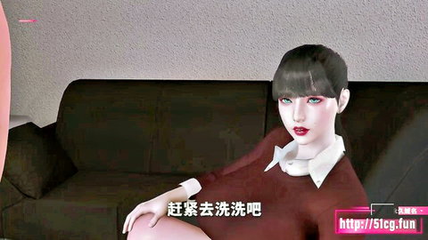 3D CGI Asian babe with big tits in unbuttoned blouse teasing legs spread on couch