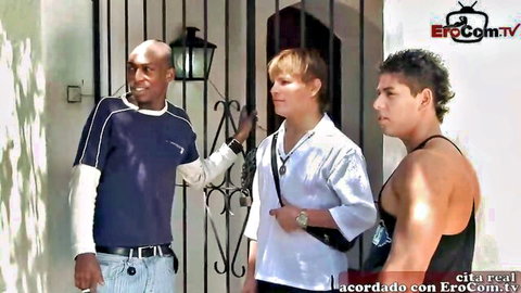 Blonde Spanish teen with two men outside gate in amateur anal gangbang preview