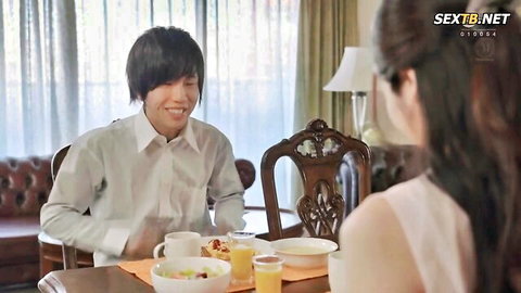 Maki Hojo as stepmom in cuckold dinner scene with friend